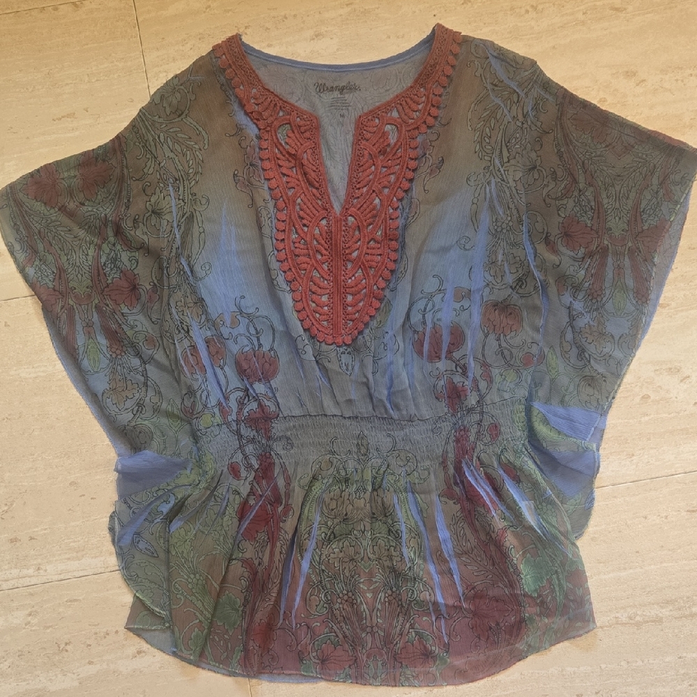 Wrangler Sheer Multi-Color Crochet Accent Butterfly Sleeve Top
